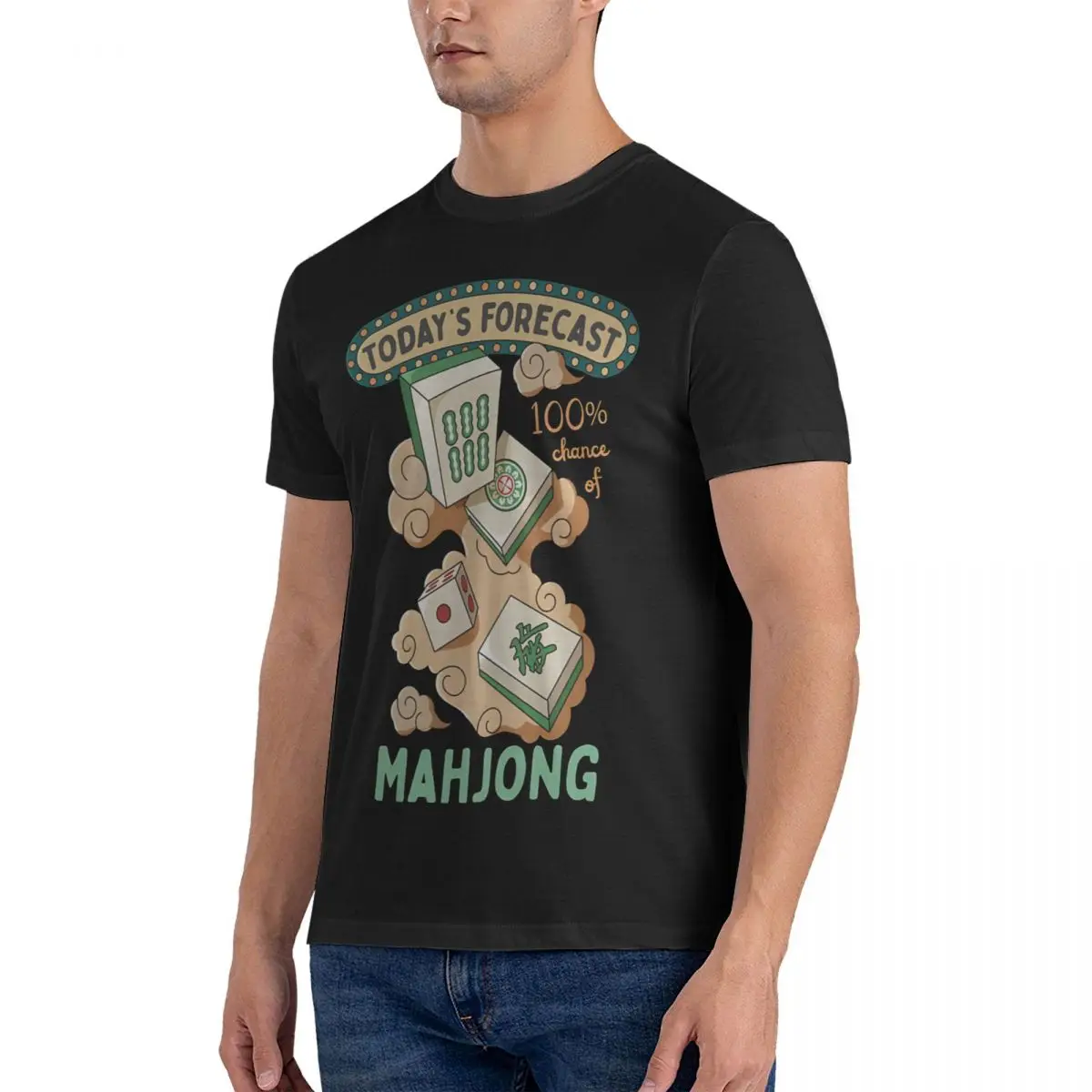 Mahjong Tiles And Clouds Cartoon Men's T Shirts Mahjong Funny Tees Short Sleeve O Neck T-Shirts Pure Cotton Gift Idea Clothing