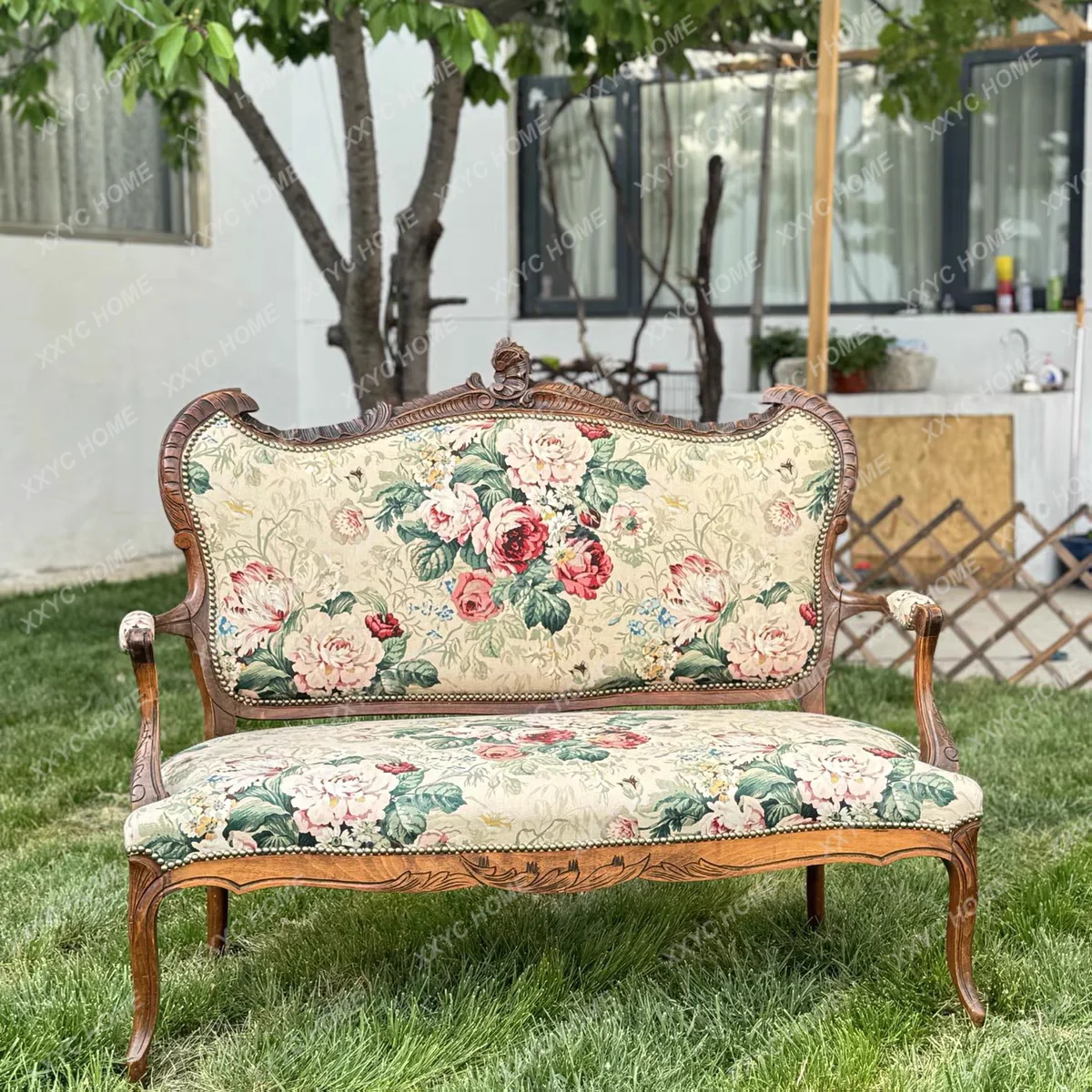 

retro solid wood fabric sofa medieval living room double casual carved dining chair studio chair