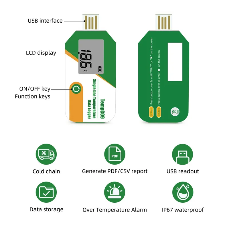 Digital Display USB Temperature Data Logger 32000 Point Capacity Disposable Temperature Recorder PDF Report Recorder