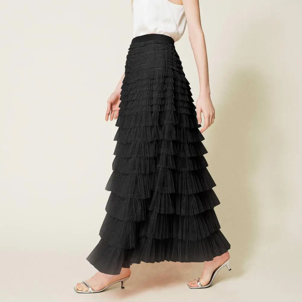 Multi-layer Skirt Mesh Splicing Skirt Elegant Multi-layer A-line Skirt with Elastic High Waist Solid Color Long for Women Gauze