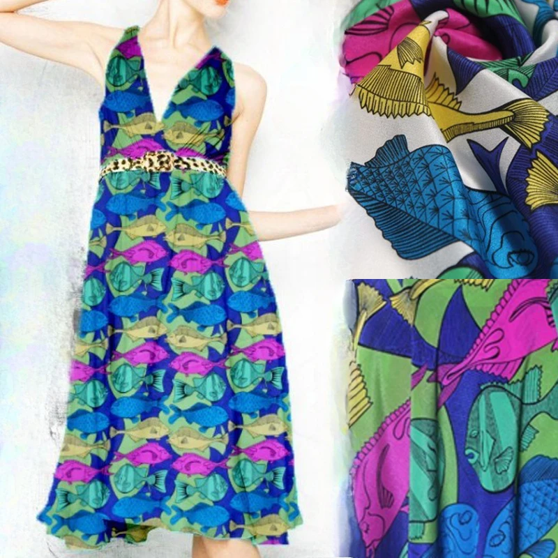 110CM Wide 12MM Thin Silk Crepe de Chine Fabric for DIY Sewing Summer Dress Pants Pajamas with Colorful Fishes Print R1858