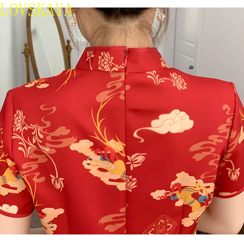 New Year's Red Carnival Party Summer Fashion Modern Checkered A-line Dress Women's Traditional Chinese Costume