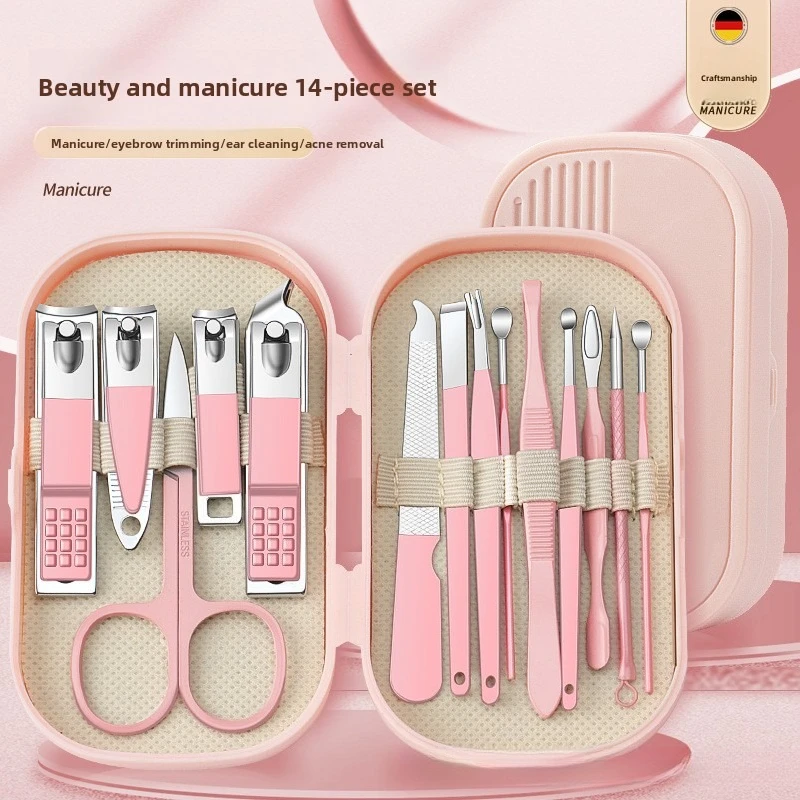 14Pcs Manicure Pedicure Kit Portable Box Nail Clipper Ear Pick Dead Skin Remover Stainless Steel Nail Trimming Tools  Travel Use