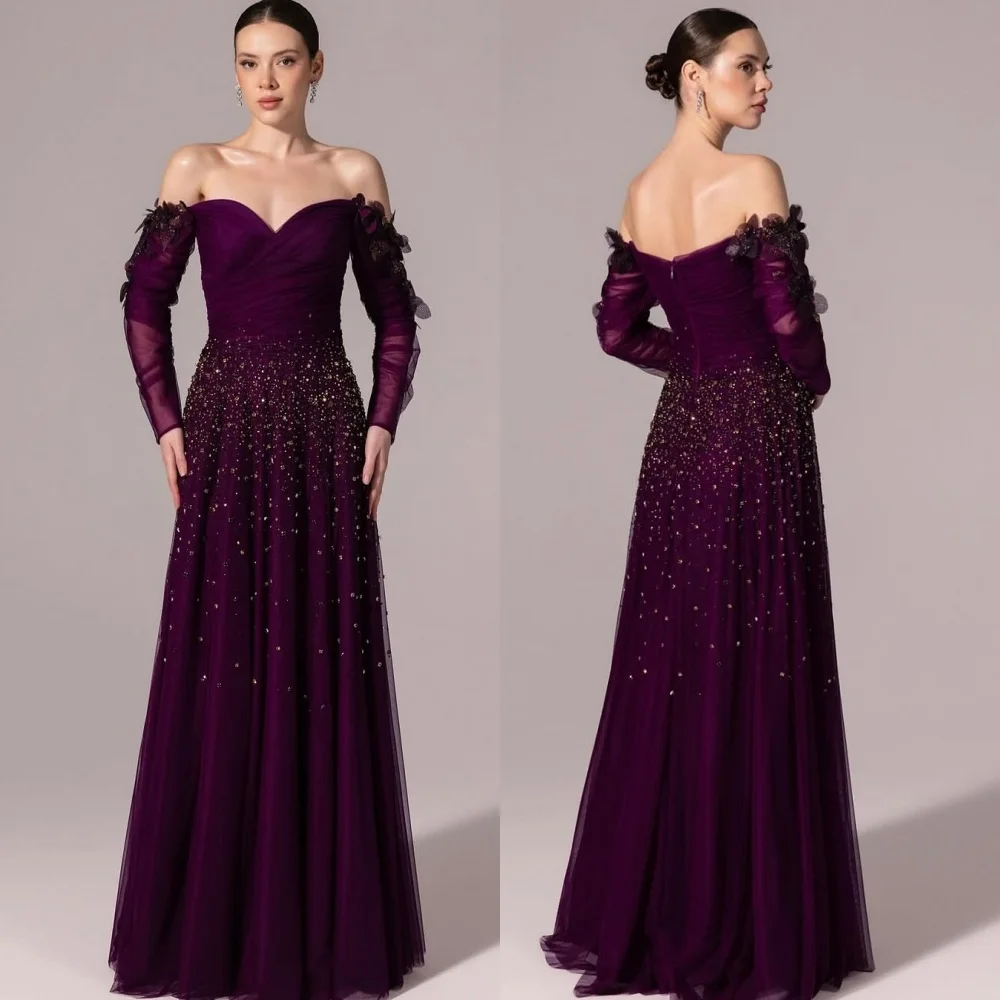 

Customized Net Applique Sequined Off-the-shoulder A-line Long Dresses Women Luxury Evening Bespoke Occasion Elegant Glitter