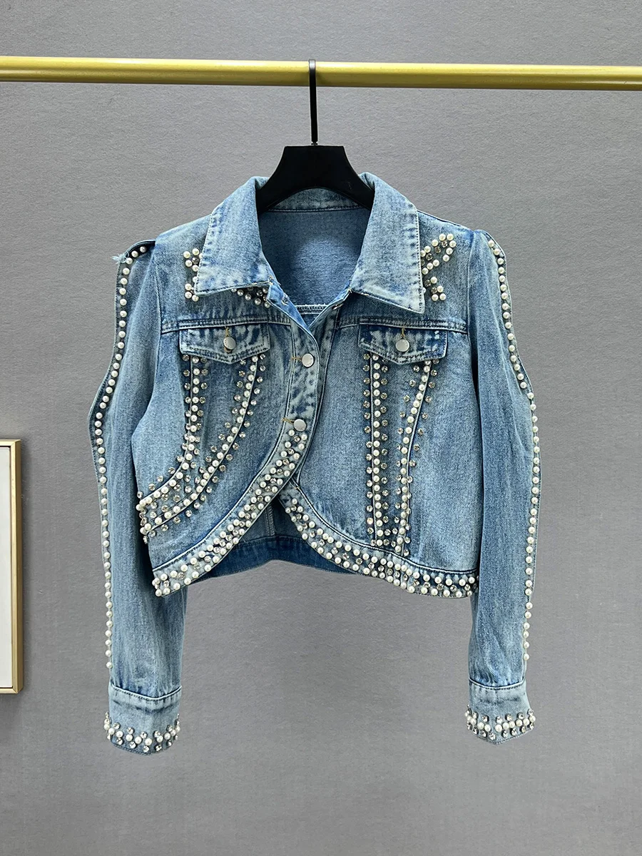 

Модная женская джинсовая куртка с бусинами и стразами, свободного кроя, укороченная, осенняя, модная, маленького размера, утягивающая, в европейском стиле, топ