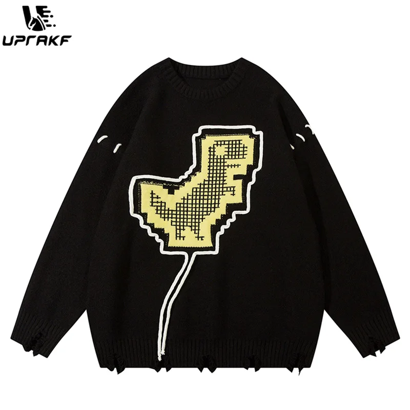 UPRAKF Funny Dinosaur Grunge Ripped O Neck Sweater Tops Autumn Loose Pullover Winter High Quality Casual Fashion Jumper