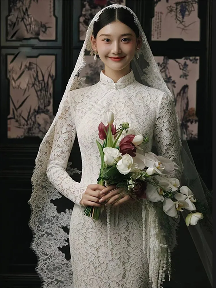 Chinese Style Improved Cheongsam New Wedding Dress Bridal French Retro Lace Long Sleeve Textured Trailing