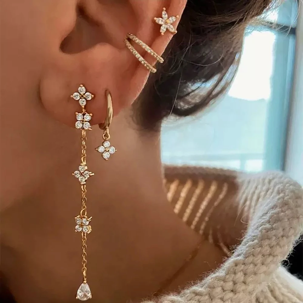 Vintage 4-teiliges Set süße Blumen-Quasten-Ketten-Ohrstecker für Damen, Edelstahl, Zirkonia, Ohrklemmen, koreanischer Modeschmuck