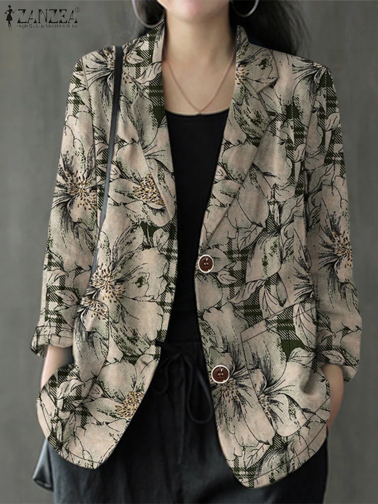 ZANZEA Cotton Autumn 2024 Suit Jackets Vintage Long Sleeve Floral Printed Women Casual Blazer Commute Elegant Lapel neck Blazer