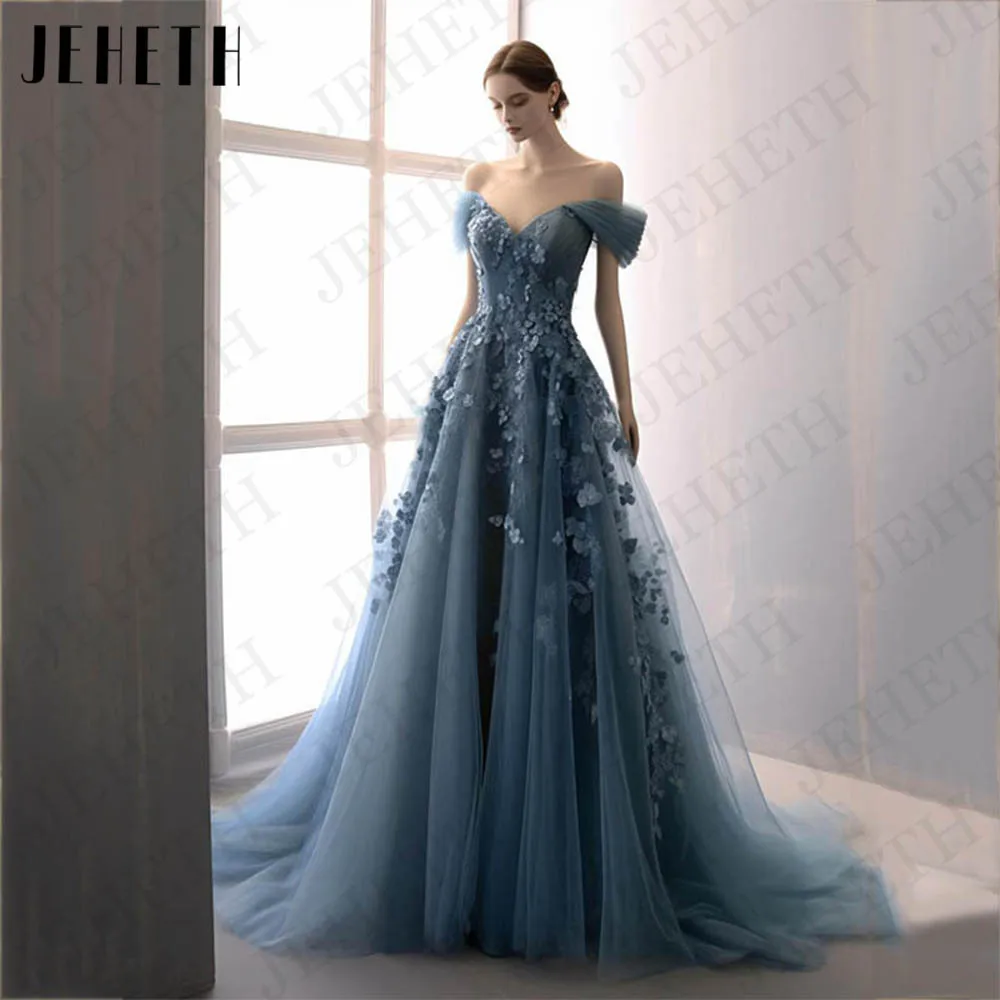 

JEHETH A Line Off Shoulder Evening Dresses Long Korea Fairy Blue Luxury Tulle Prom Gown Lace Applique Sweetheart Neck 댄스 파티 드레스