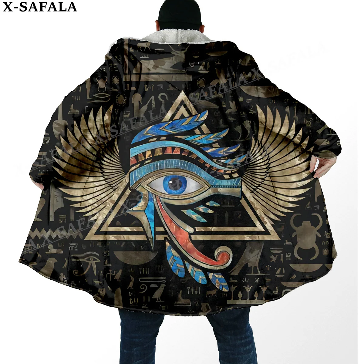 Pharaoh Ancient Egyptian Cat Print Thick Warm Hooded Cloak Men Overcoat Coat Windproof Fleece Cape Robe Hooded Blanket-4