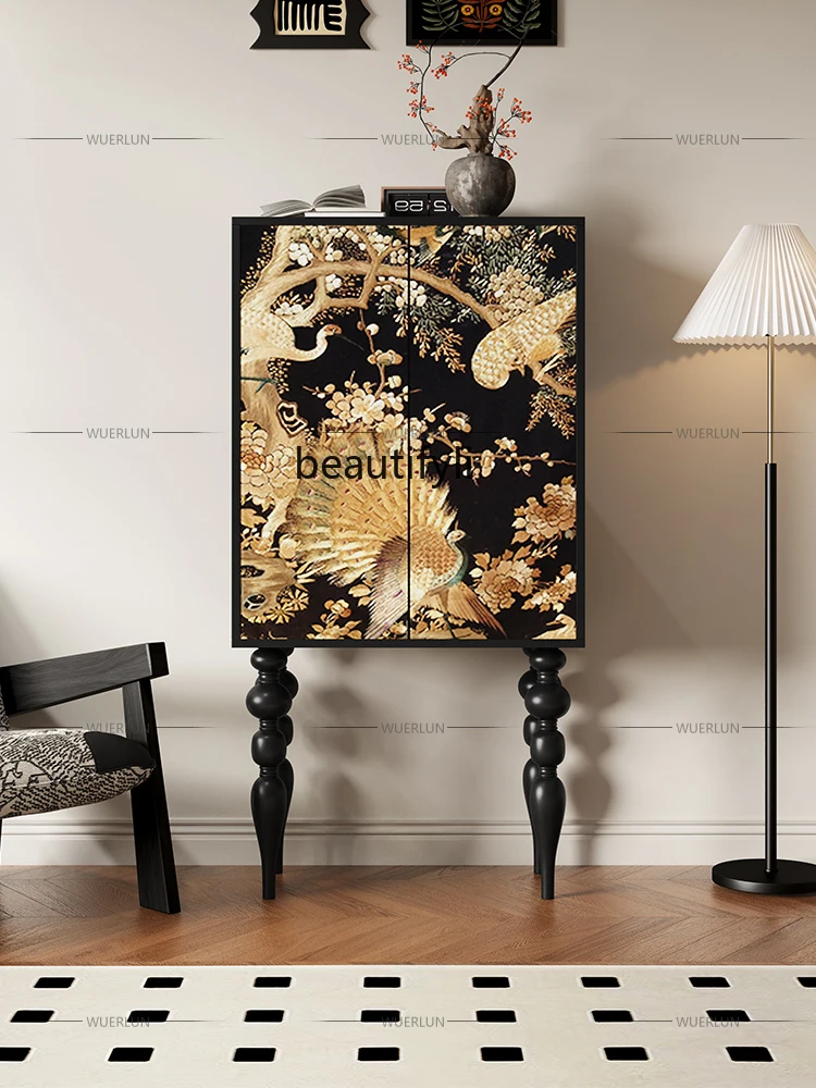 Entrance Cabinet Vintage Flower and Bird Home Storage Cabinet Living Room Storage High Leg Small French Chest of Drawers