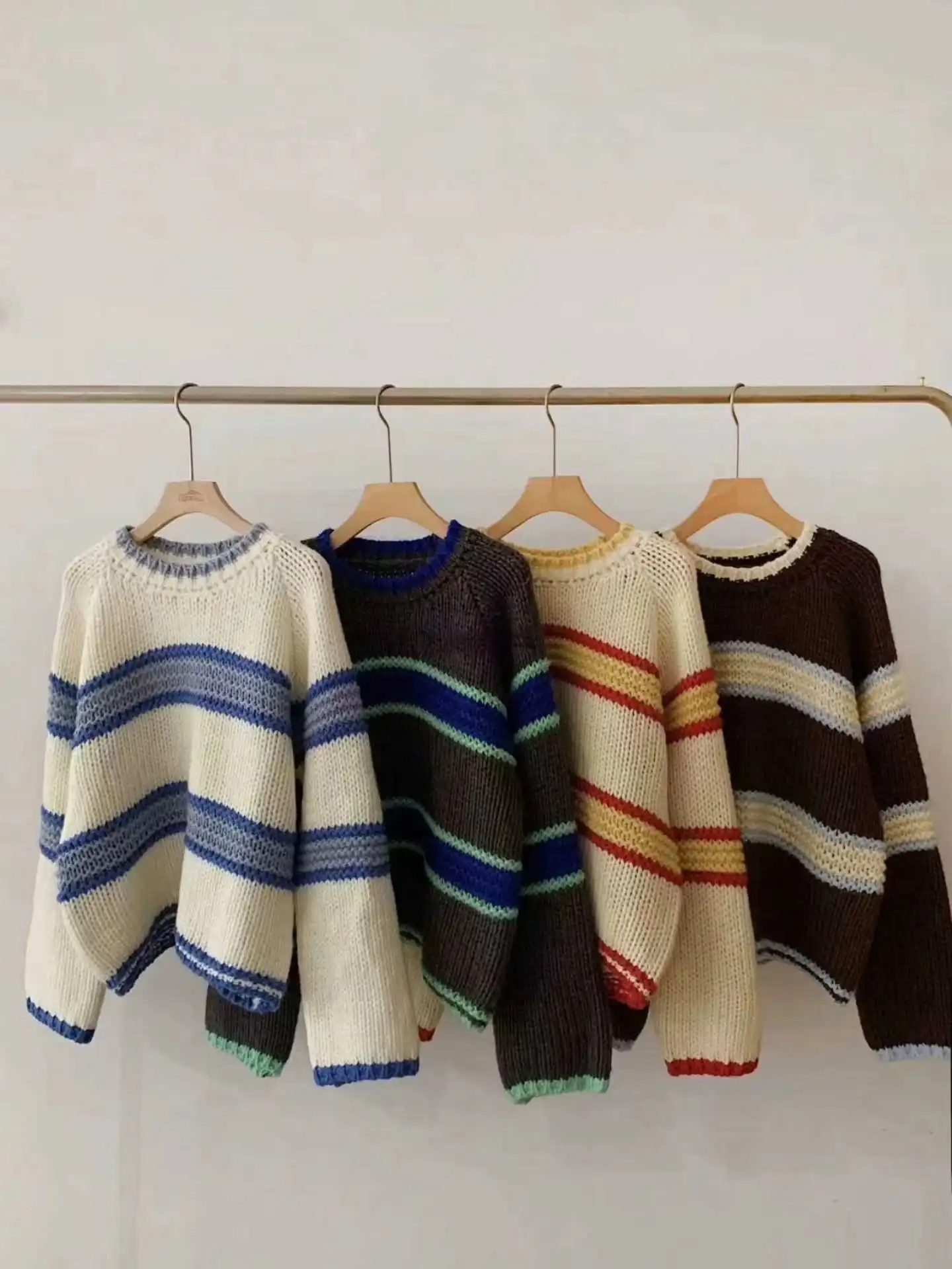 Chic Loose Long Sleeve Knitted Sweater round Neck Striped Autumn Winter New Style Women's Regular Fit Comfortable Casual Sweater