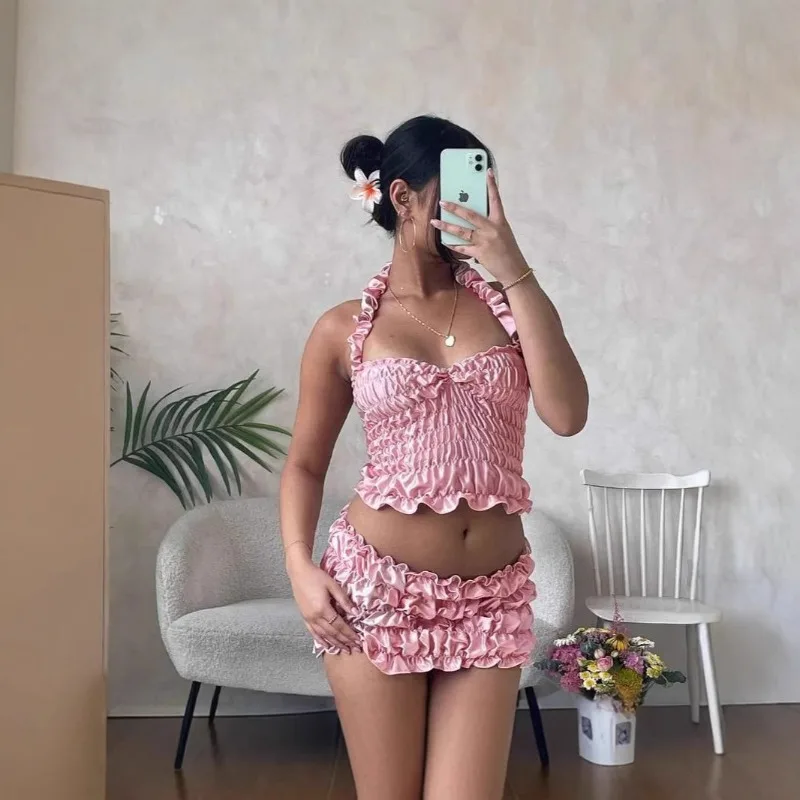 

2025 Ruffled Backless Sling Vest For Women Sweet And Spicy Style Slim-Fitting, With Ruffled Trim Unique Innerwear Set