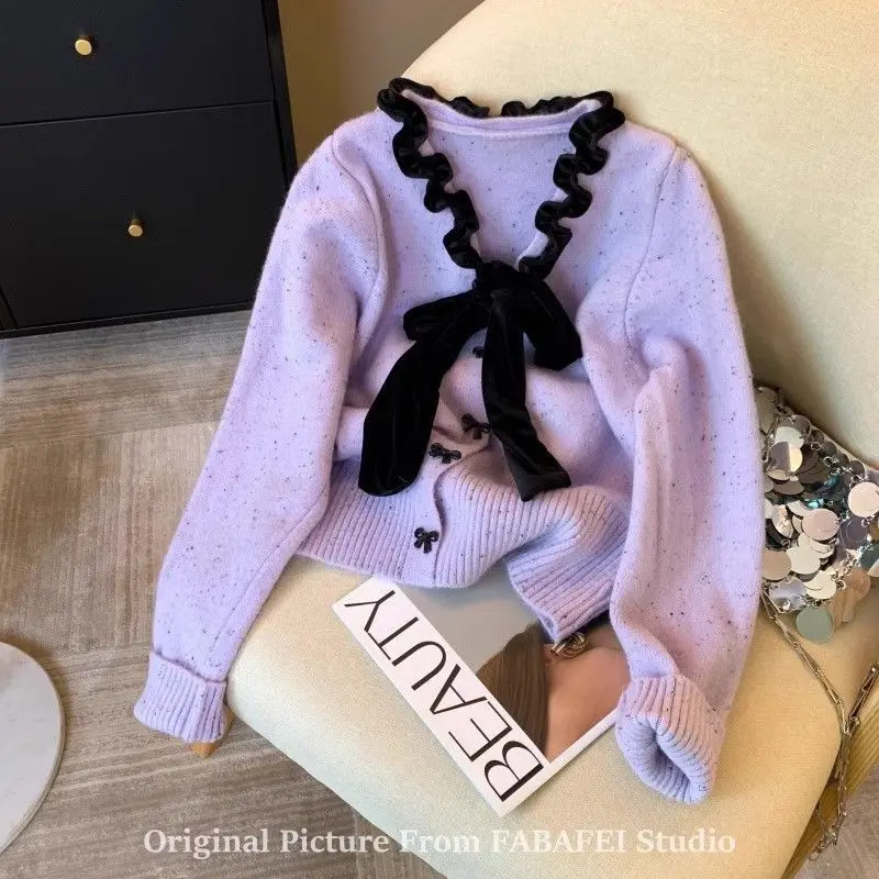 Xiaoxiangfeng Bow Sweater Knitted Cardigan New Short Jacket Long Sleeve Top