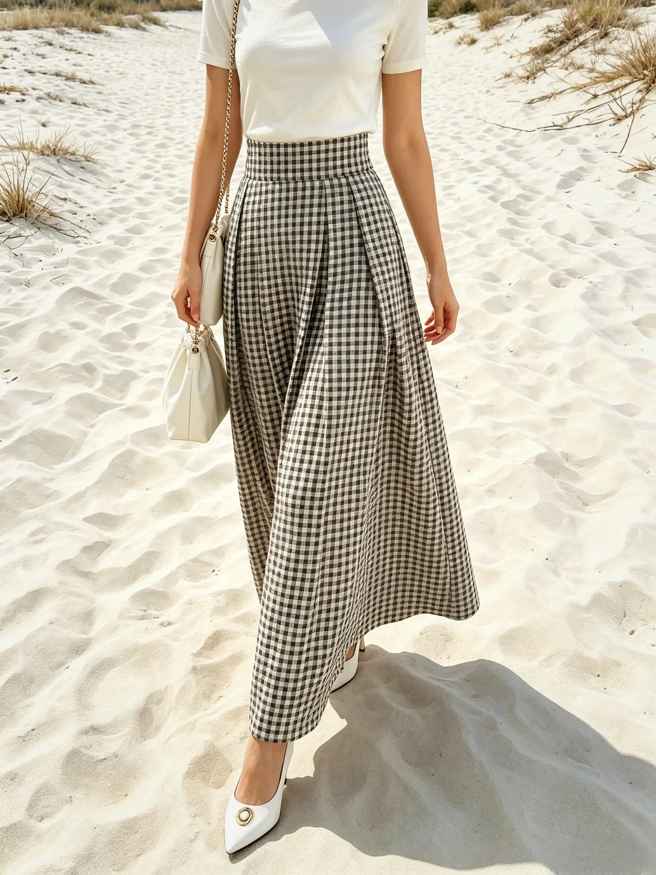 Women Gingham High Waist Pleated Maxi Skirt Vintage A Line Long Skirt Beach Vacation Office Casual Bottoms