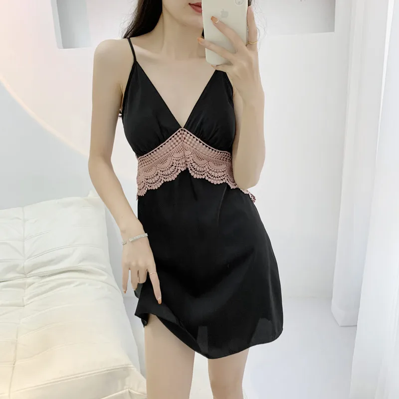 Gaun Malam Suspender FZSLCYIYI Pakaian Tidur Wanita Satin Sutra Gaun Malam Renda Seksi Gaun Tidur V-Neck Lingerie Pakaian Rumah Musim Panas