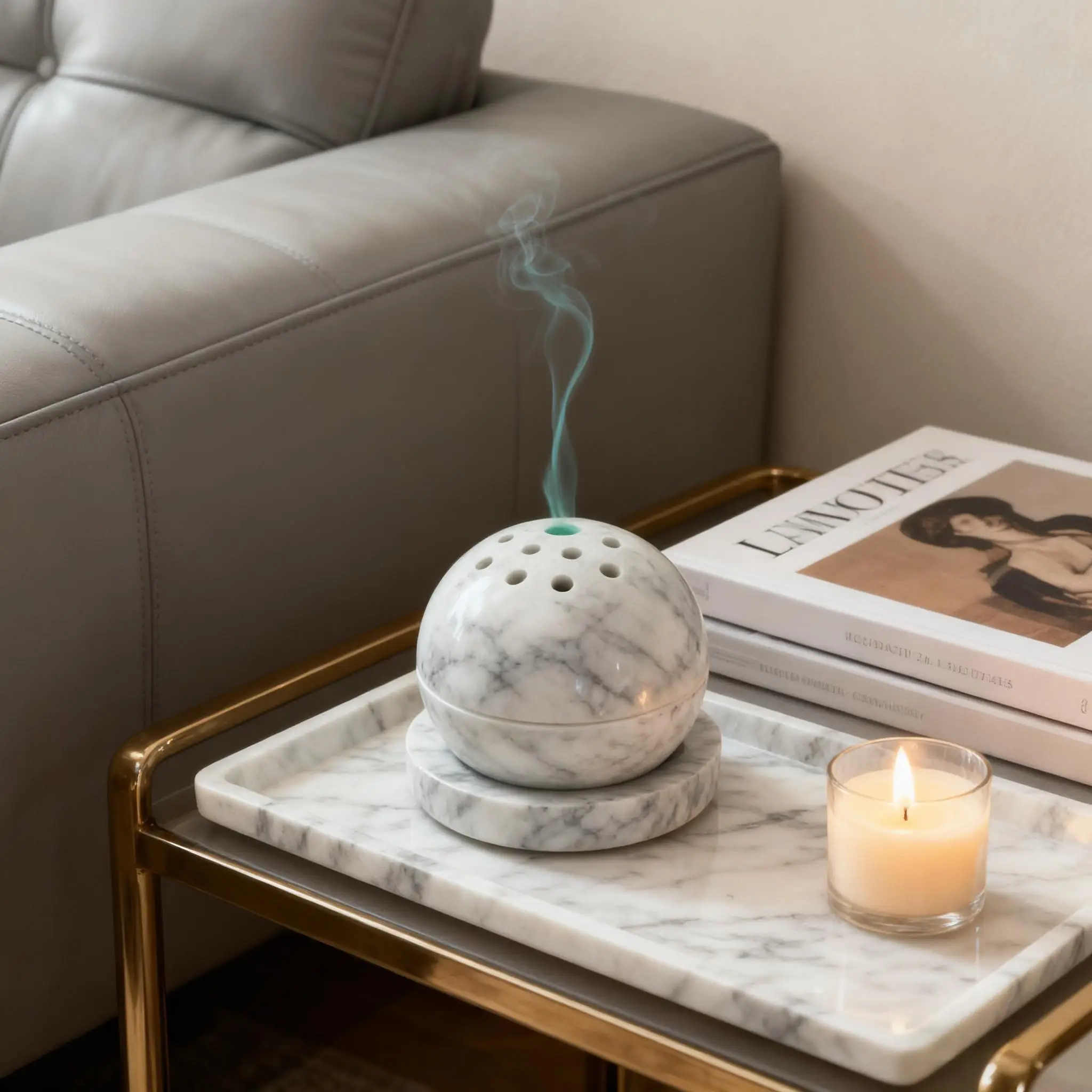 Bola quemadora de incienso con esfera de mármol blanco de travertino/carara, decorativa para hotel, baño, decoración única para el hogar, acento de fragancia