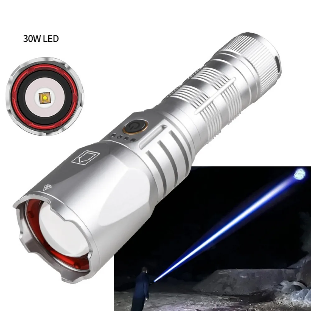 Ultra-Bright Focusing Flashlight – 30W High-Lumen Silver Torch with Type-C Rechargeable Port Long-Range Beam for Camping