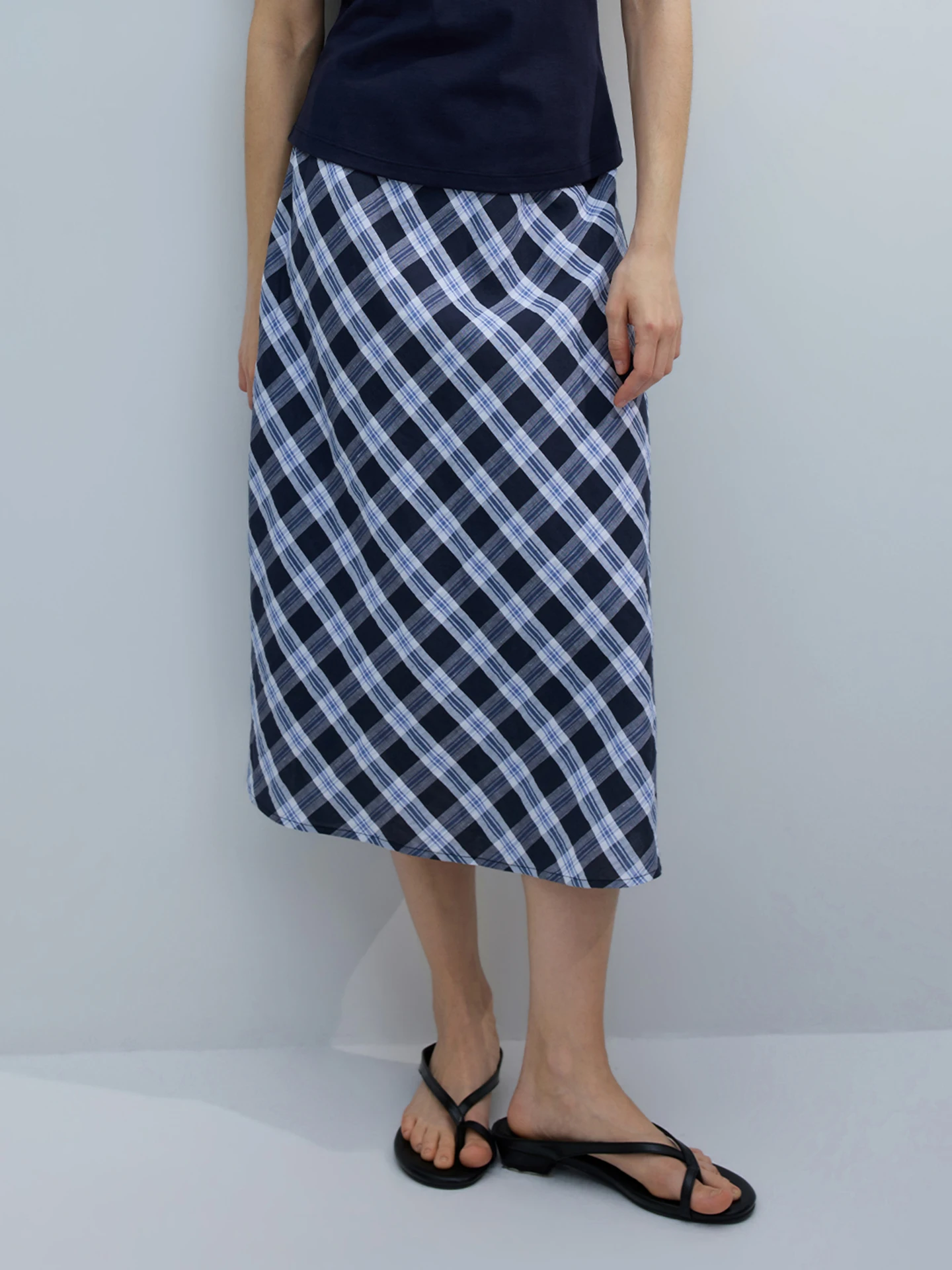 

LUR High Waist A-Line Skirt Women's Premium Comfortable Elastic Waist Plaid Casual Mid-Length Slimming Blue White Skirt