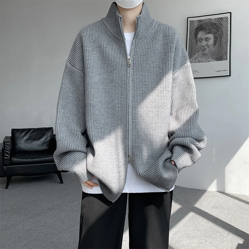 

Gray Zipper Sweater Men's Spring Autumn Casual Fashion Urban Style Long Sleeve Loose Fit Knitted Cardigan Outerwear