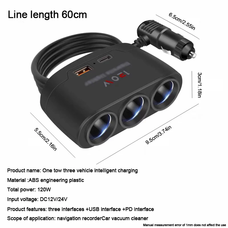 Adaptador de carga de coche, cabezal de conversión de un remolque, tres con USB + PD, extendido, alta potencia, 12V, 24V, modelo Universal