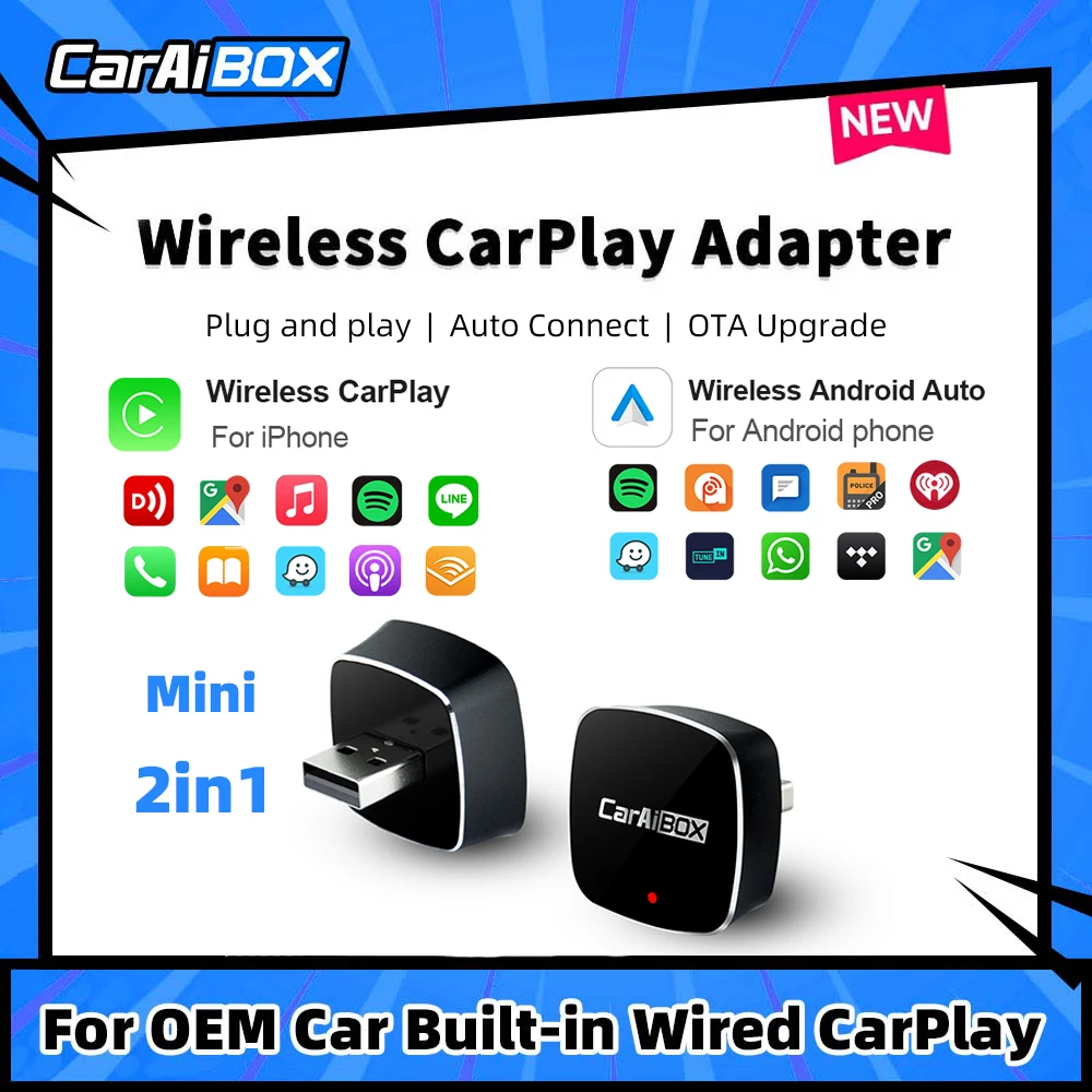 CarAiBOX Cars Accessories Original Wired Carplay or Android Auto to Wireless 2in1 Adapter Play and Plug