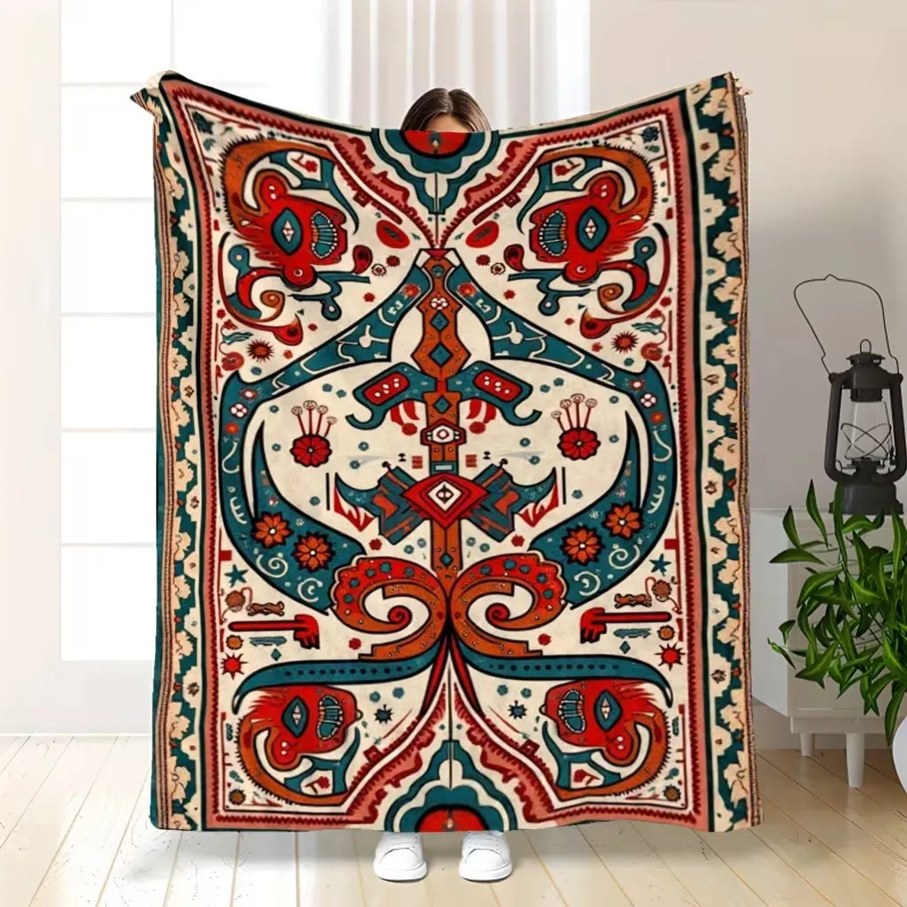 Vintage Tribal Totem Floral Geometric Border Print Flannel Throw Blanket,Light Cozy Couch Cover,Ethnic Decor Gift Adults Bedroom