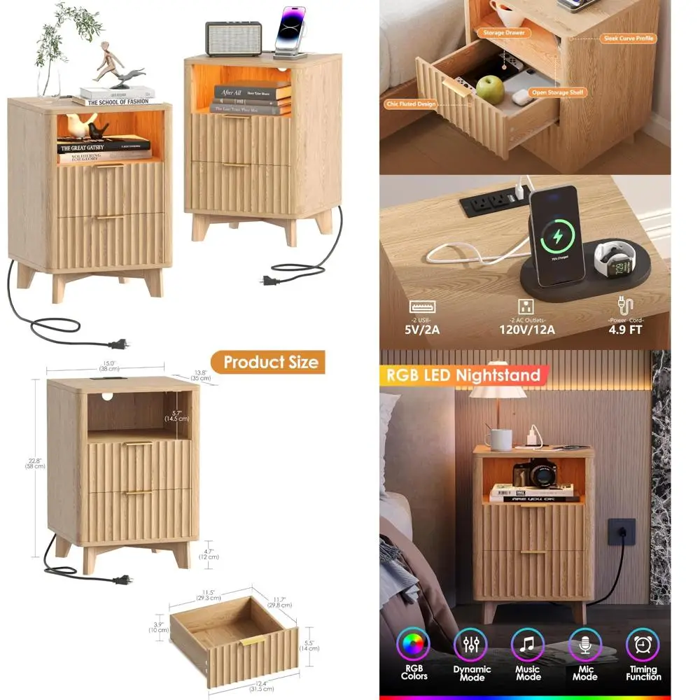 Pair of Modern Fluted Nightstands with Charging Station, LED Light, and Wooden Construction