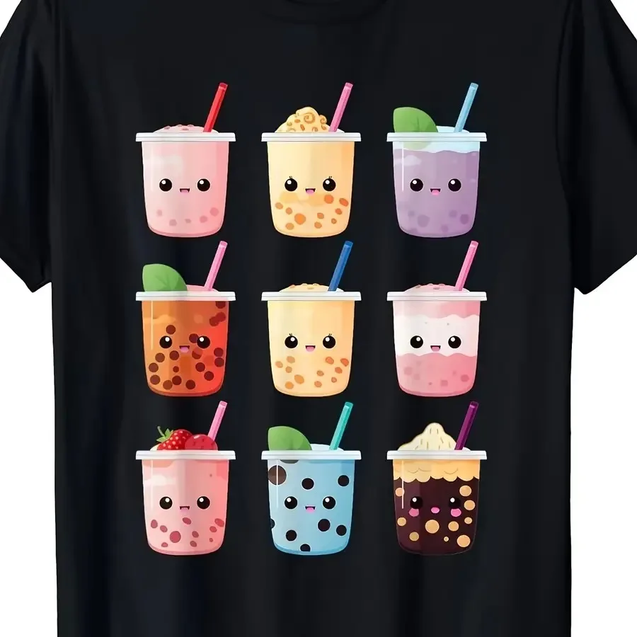 Camiseta Gráfica de Boba Tea Hawaiana para Hombre y Mujer, Negra con Estampado Colorido de Bebida Boba, Linda Camiseta con Perlas de Tapioca y Frutas