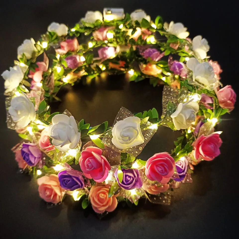 

New LED Head Flower Wreath Hawaiian Seaside Vacation Floral Headband Women Girl Wedding Garland Female Photography Props