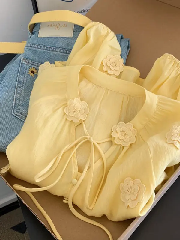 

Элегантная женская блузка с цветочным принтом «Тюльпан», весенняя, тонкая, премиум-класса, свободного кроя, с длинным рукавом, V-образным вырезом и пуговицами