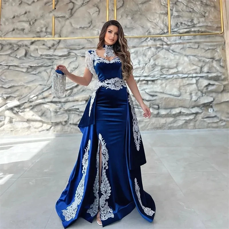 Caftán marroquí azul, vestidos de noche formales, apliques de terciopelo de sirena, mangas casquillo, vestidos de graduación, vestidos de fiesta