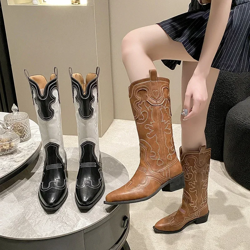 

Embroidery Women Western Cowgirl Boots Fashion Slip On Knight Long Booties Autumn Winter Female Thick Heel Shoes