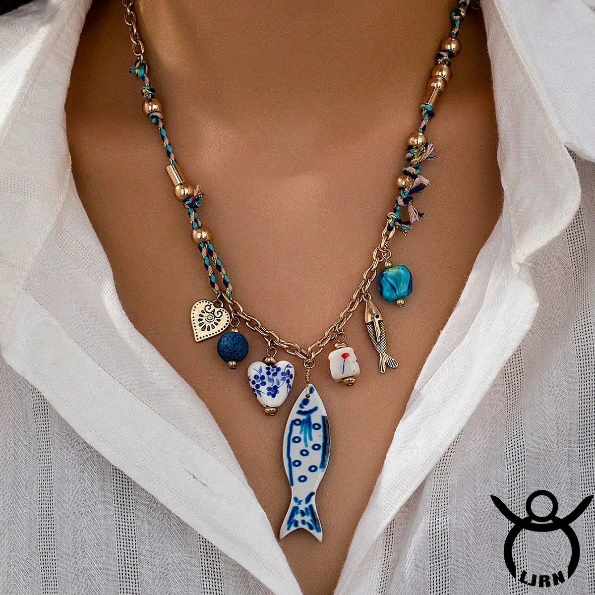 

2025 New Ceramic Fish Necklace Enamel Retro Heart Conch Multiple Pendants Rope Choker for Women Jewelry