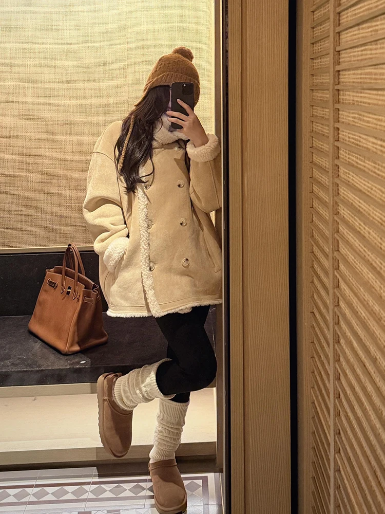 

Теплая женская куртка из овечьей шерсти с воротником-стойкой, свободного кроя, повседневная, с длинными рукавами, из полиэстера, китайский бренд