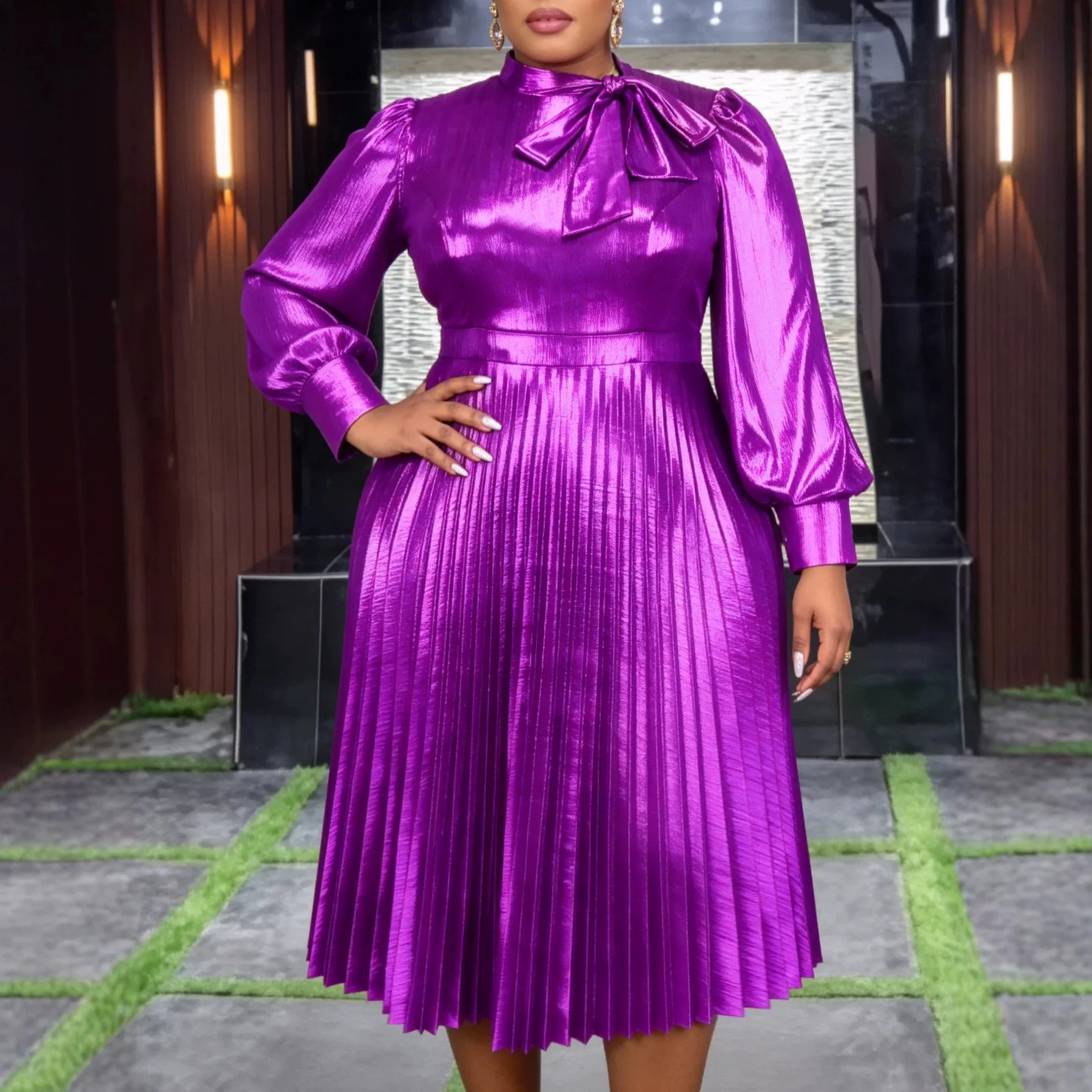 

Africa Clothing Plus Size African Dresses for Women Elegant Spring Dashiki Long Sleeve O-neck Midi Pleated Dress