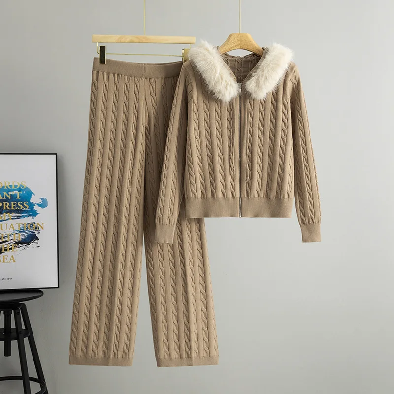 

Повседневный узкий весенне-осенний вязаный кардиган с капюшоном на молнии и длинными рукавами + брюки с эластичной резинкой на талии, комплекты из 2 предметов, женский костюм