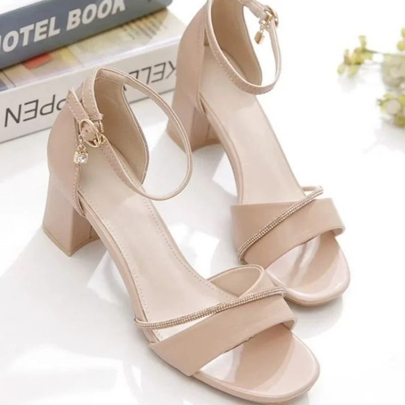 2026 Summer Minimalist One-Strap Sandals for WomenCream/Apricot Thin Ankle Strap Chunky Heel Party Shoes,ElegantEveningHighHeels