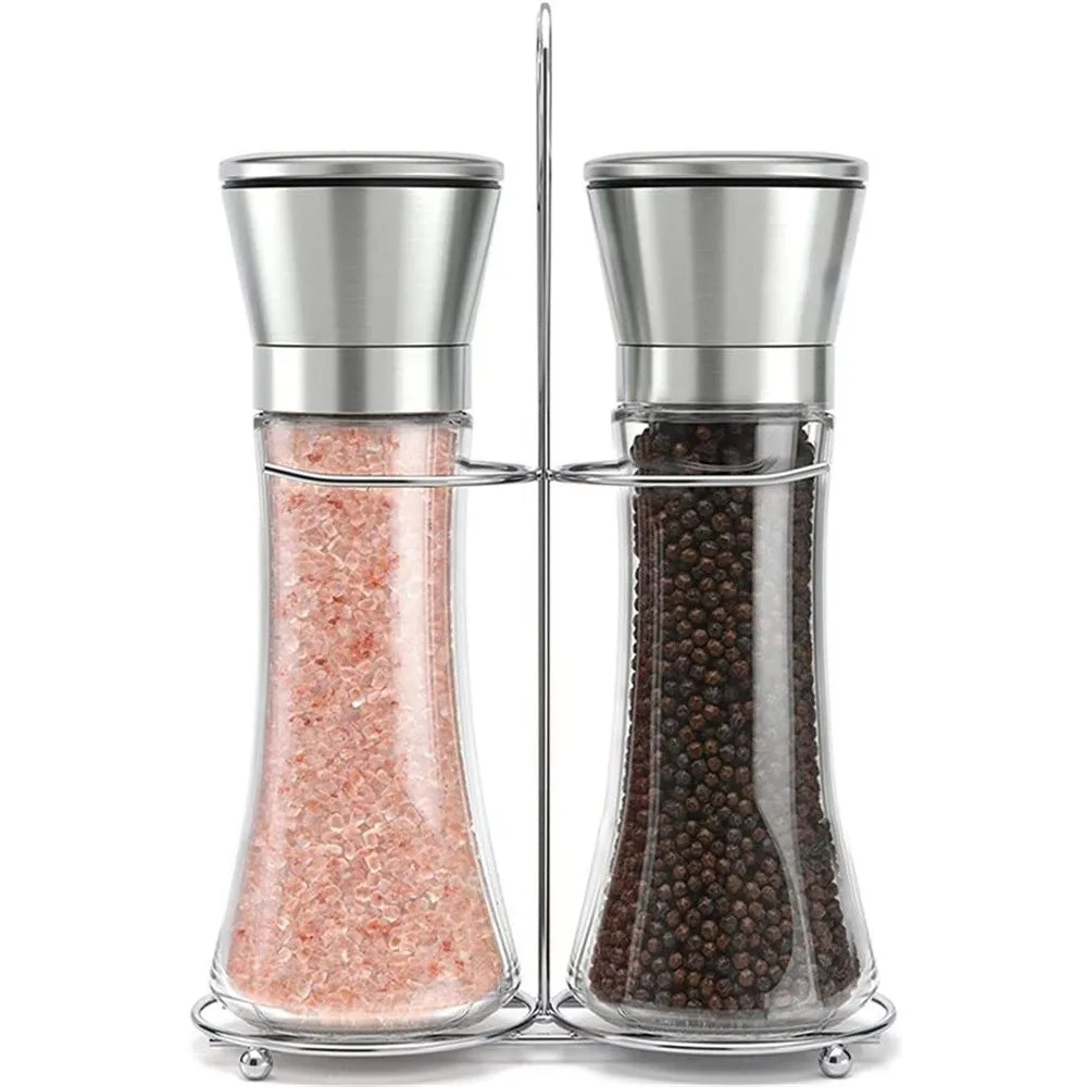 Pepper Grinder Stainless Steel Manual Salt Mill Adjustable Spice Mills with Holder Kitchen Tools for Cooking