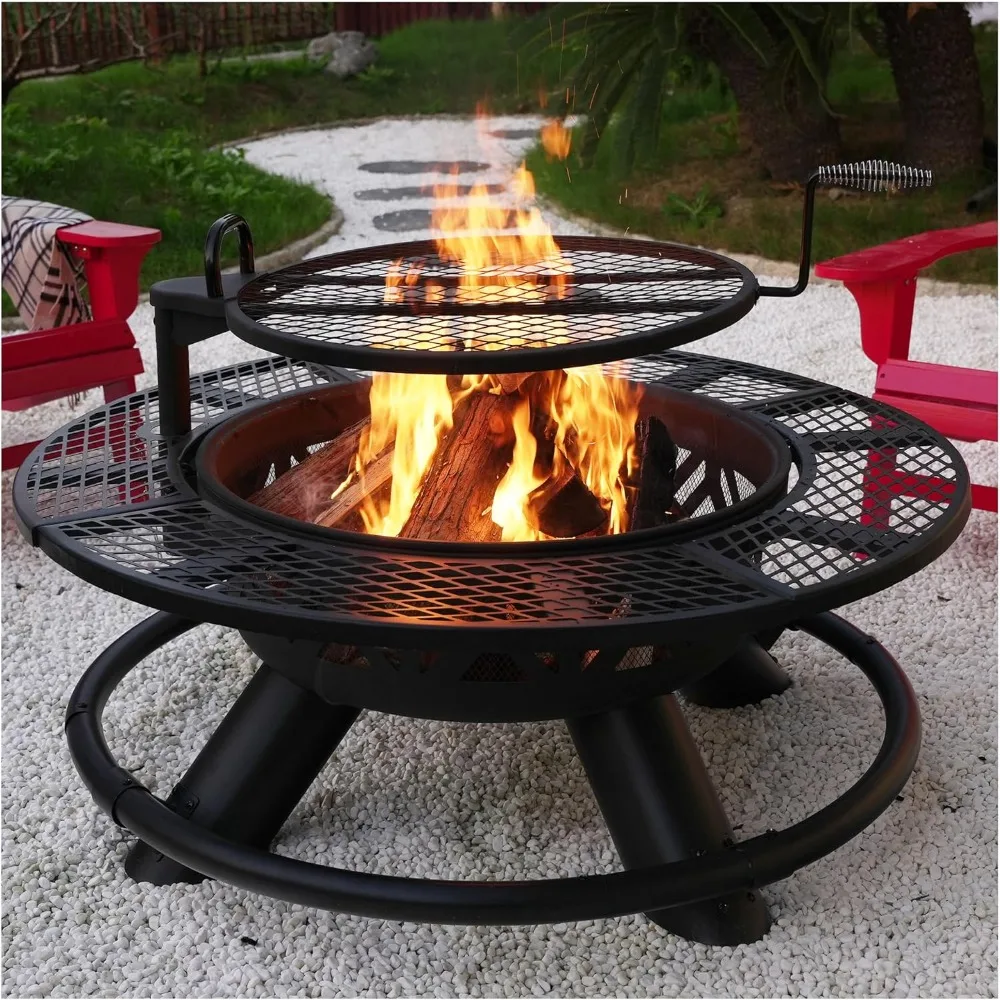 

Versatile 47 Outdoor Fire Pit with Adjustable Grill, Dual-Purpose Wood-Burning Round Fireplace