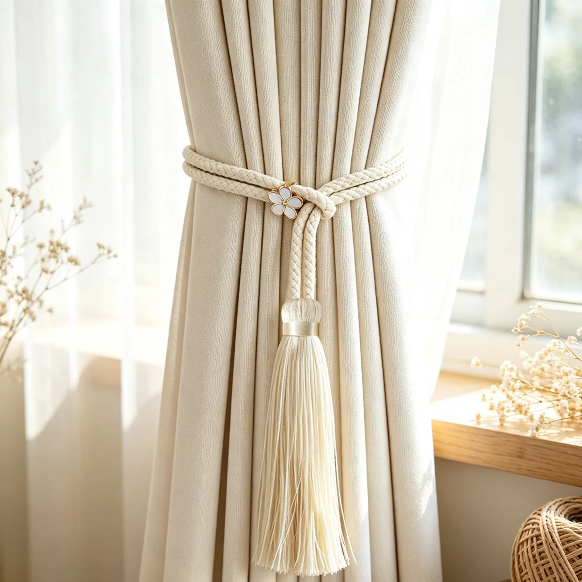 2Pcs Braided Rope Tassel Curtain Tiebacks, Enamel Flower Decor Curtain Holdback Boho Cream Style Window Accessories