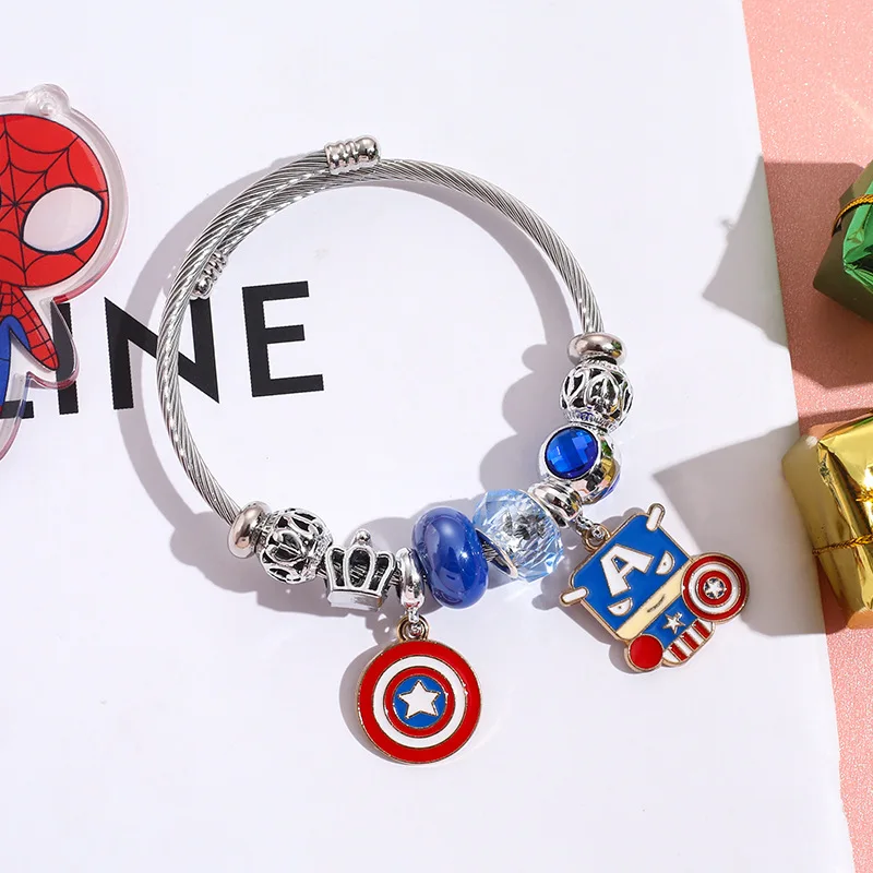 Avengers Adjustable Stainless Steel Bracelet Captain America Spider-Man Pendant Beads Crystal Jewelry Accessories Gift