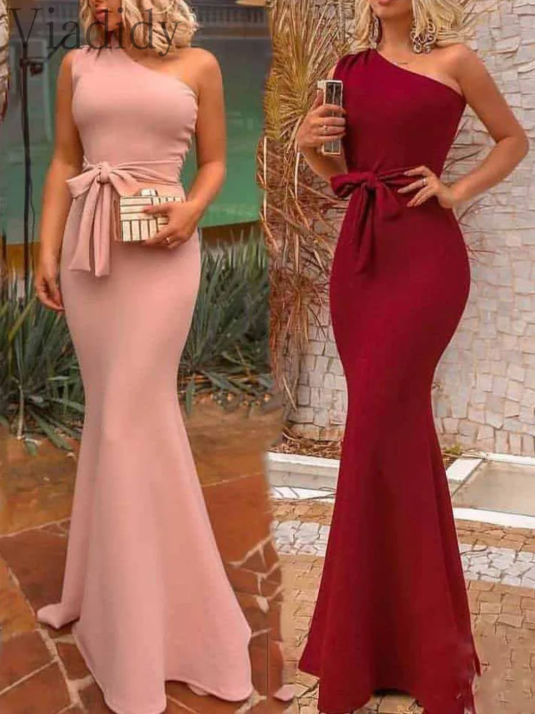 One Shoulder Asymmetrical Collar Slim Fit Sleeveless Tied Waist Evening Party Dress