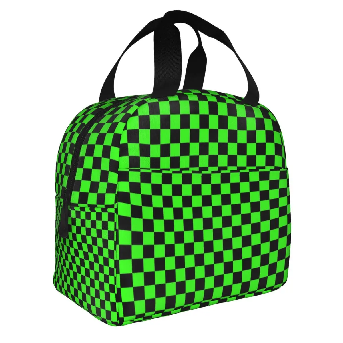 Small Checkered Black And Neon Green Checkerboard Plaid Insulated Lunch Bag Women Portable Cooler Thermal Bento Box Work School