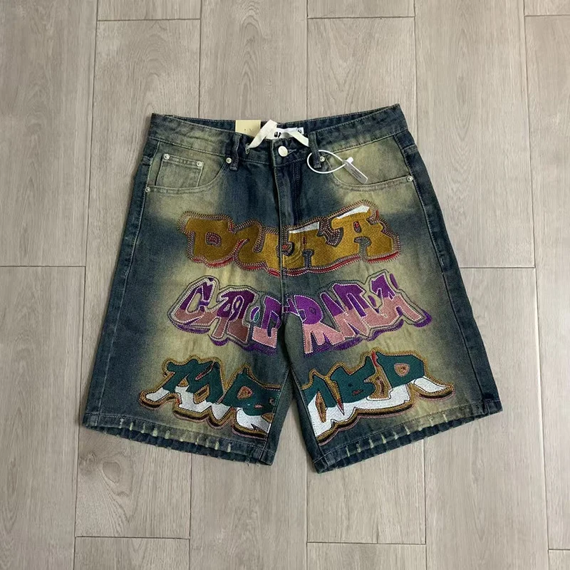 DUAA Men Denim Bermuda Shorts, Colorful Letter Embroidery Washed Gradient Loose Five Points Jean Shorts