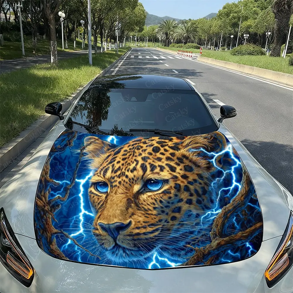 

Blue Eyed Lightning Leopard Pattern Car Hood Sticker, PVC Waterproof Self-adhesive Wear-resistant Body Film, Truck And Sedan Spe