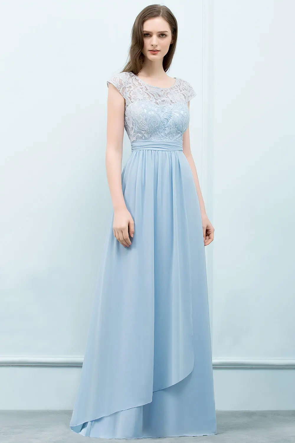 Sky Blue Chiffon Lace Bridesmaid Dress Women Cut Out Belt Wedding Formal Party Evening Prom Gown Robe De Soirée For Bride White