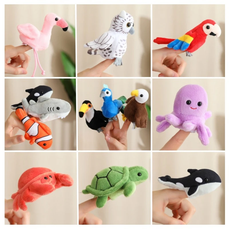 9CM Cartoon Simulation Anime Ocean Animal Whale Thumb Hand Doll Creative Bird Parrot Flamingo Fingertip Story Plush Toy