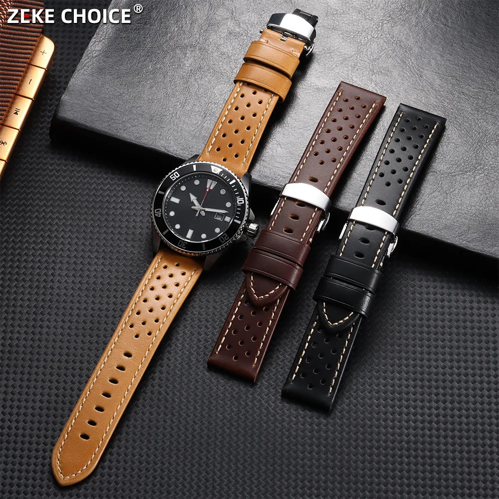 

18mm 20mm 22mm Genuine Leather Watch Strap Perforated Breathable Sports Wrist Watch Band for Rolex for Seiko Watch Accessories